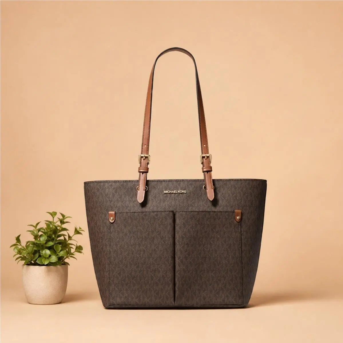 Jet Set Medium Logo Pocket Tote Bag Brown One Size by Michael Kors