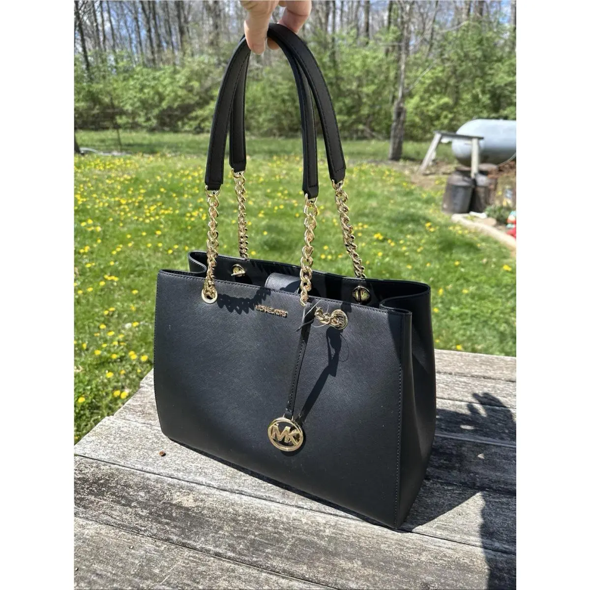 Susannah Black Leather Gold Chain Purse Satchel Tote Purse by Michael Kors