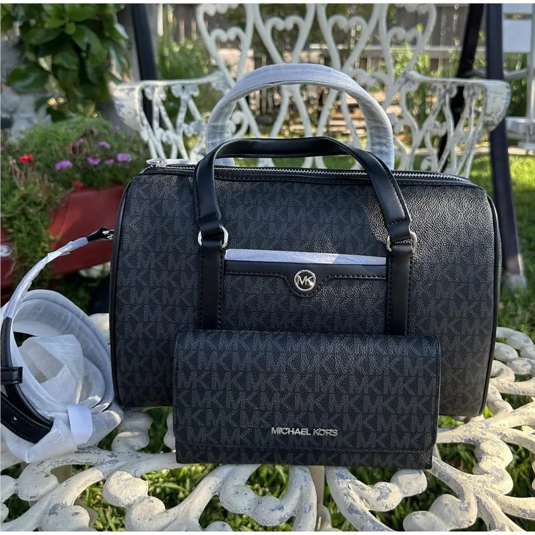 Travel Medium Duffle Satchel Bag + Trifold ID Card Wallet Black by Michael Kors