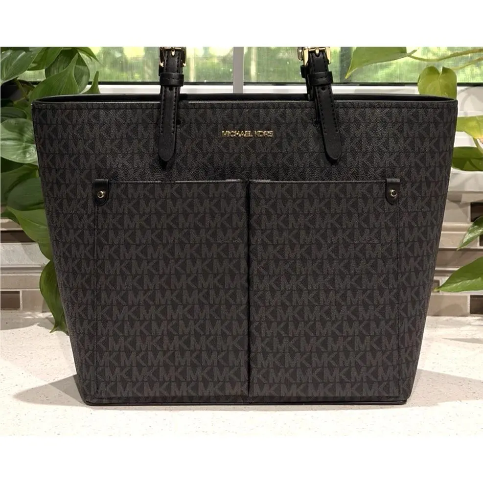 Michael Kors Jet Set Medium Double Pocket Tote Shoulder Bag Purse MK Black Logo
