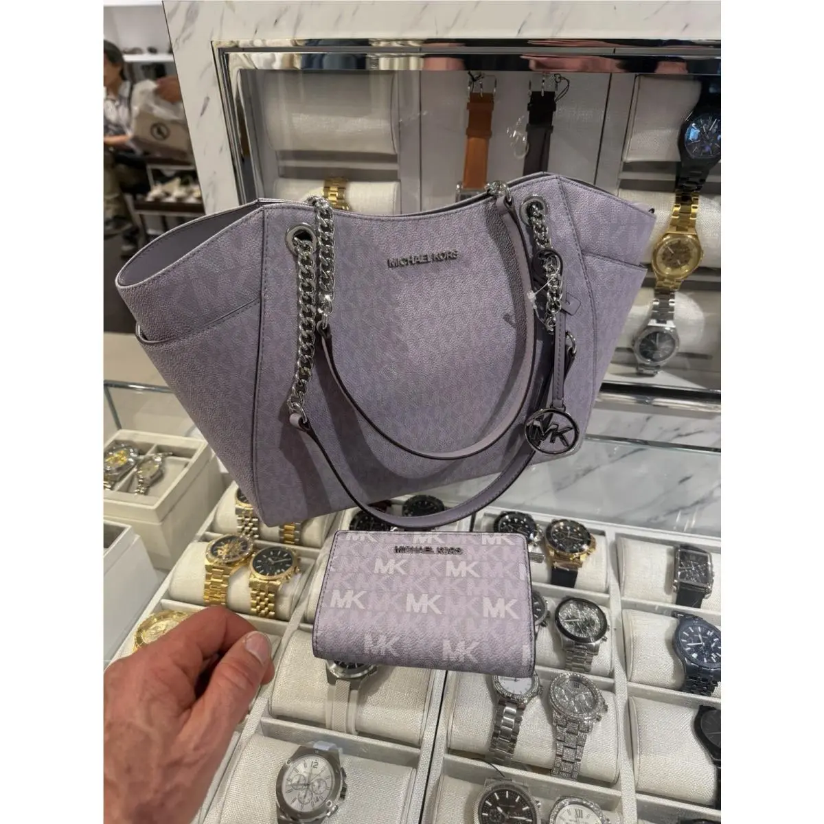 Large MK Signature Shoulder Handbag Bag Tote + Bifold Wallet Lilac by Michael Kors