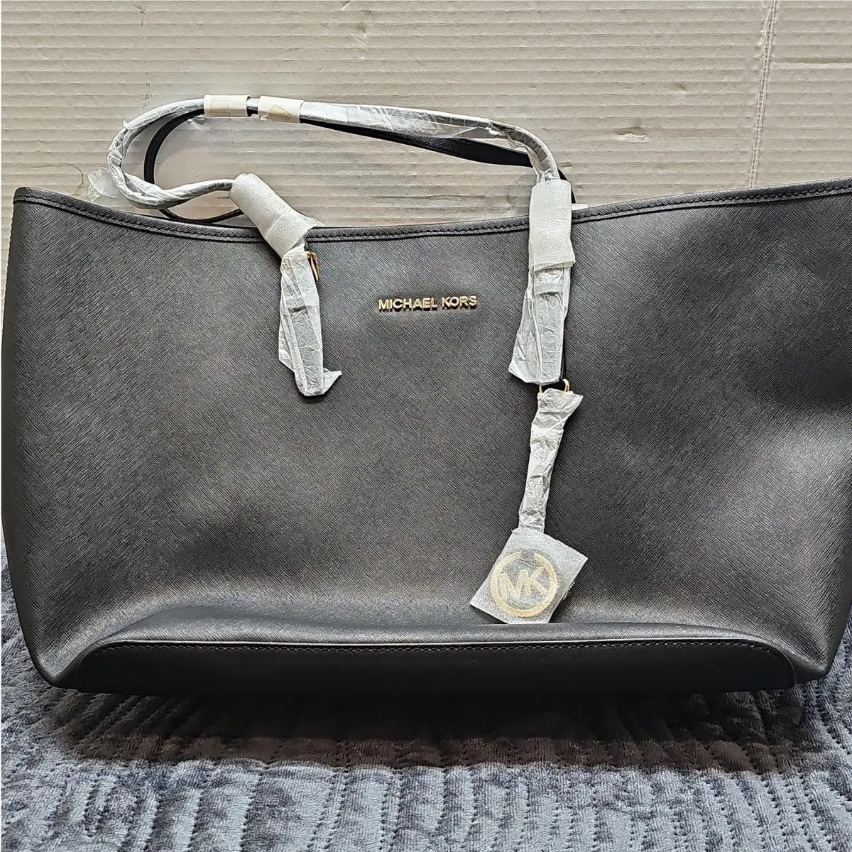 Jet Set Travel Medium Tote Gold Black Saffiano Leather by Michael Kors
