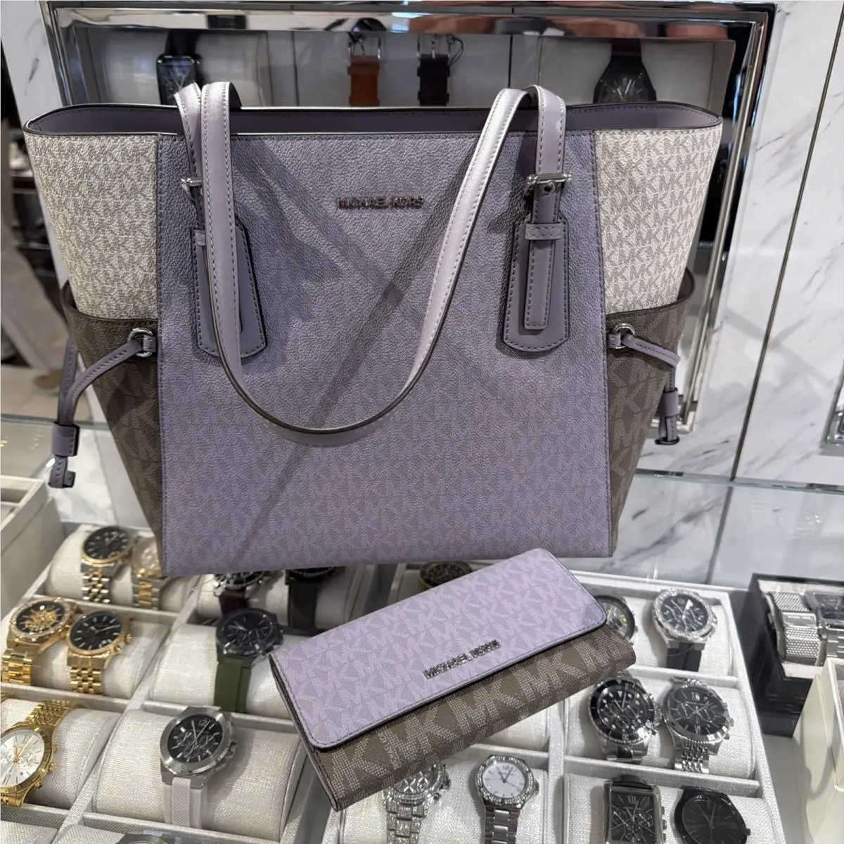 Large Voyager Handbag Bag Purse Tote + Large Trifold Wallet Lilac by Michael Kors