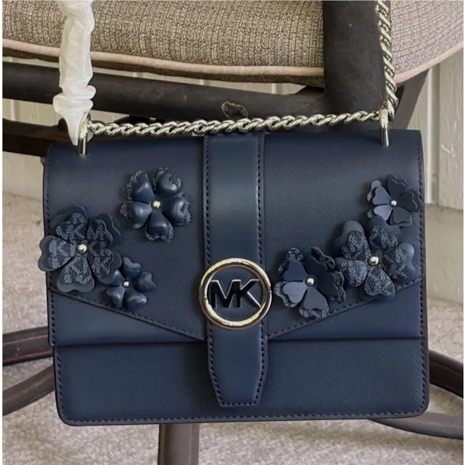 Greenwich Small Flap Crossbody MK Chain Bag Floral Navy Blue Silver by Michael Kors