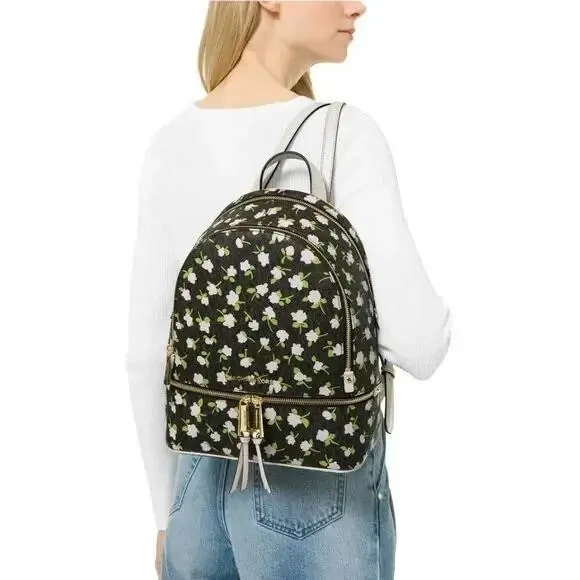 Michael Kors Rhea Zip Medium Backpack Signature Rose Flowers Print Bag Brown