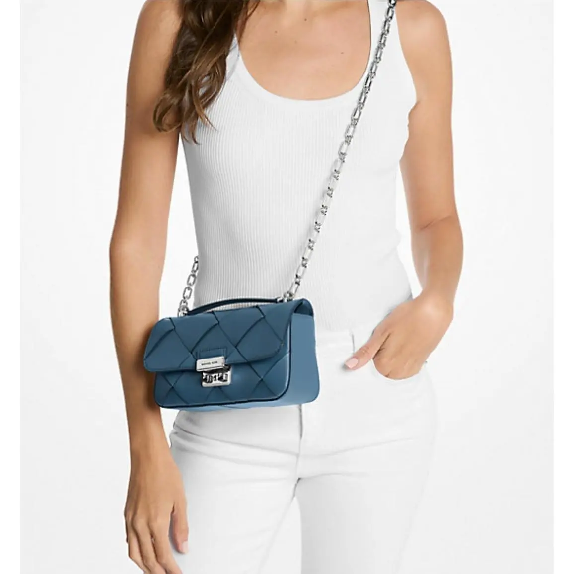 Michael Kors Tribeca Small Woven Leather Convertible Chain Shoulder Bag