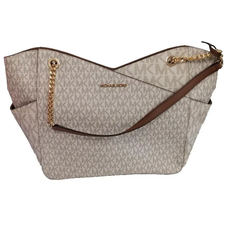 Michael Kors Jet Set Chain Travel Large Logo Shoulder Tote Bag Vanilla Signature