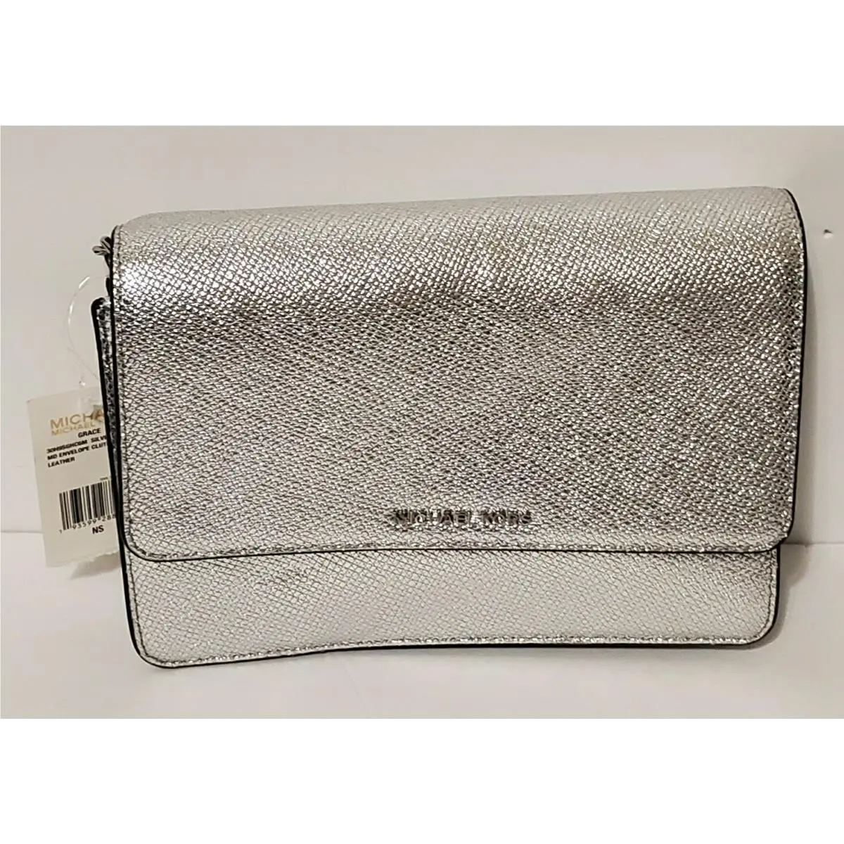 Michael Kors Envelope Clutch Handbag Purse Metallic Silver Leather