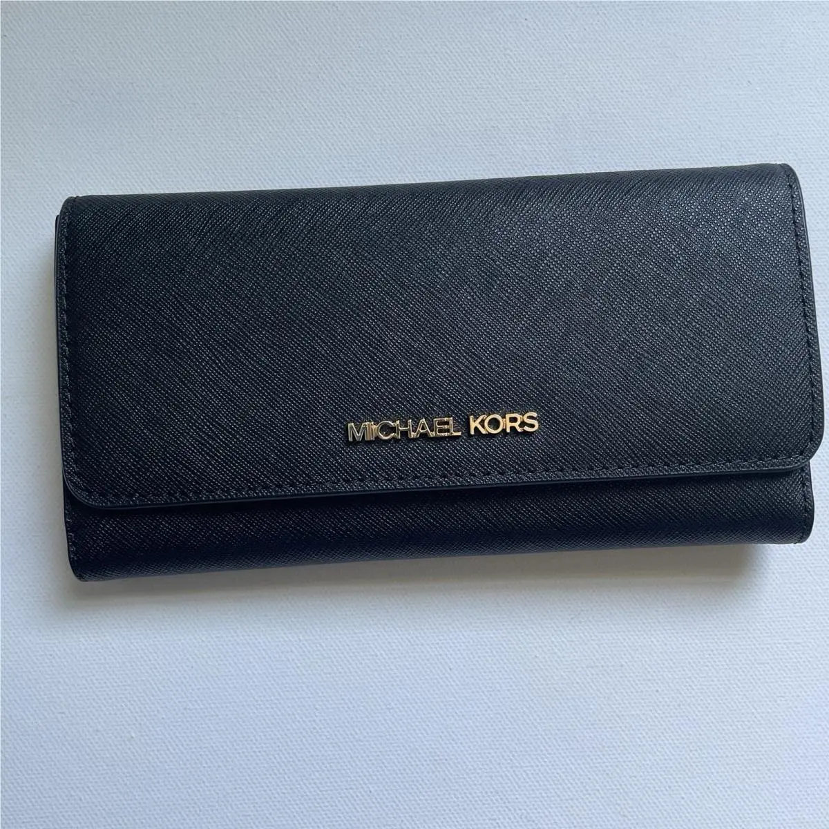 Black Jet Set Large Envelope Flap Trifold Leather Wallet by Michael Kors