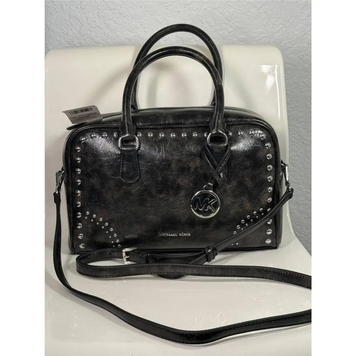 Thompson Distressed Studded Satchel Crossbody Black Women`s Medium by Michael Kors