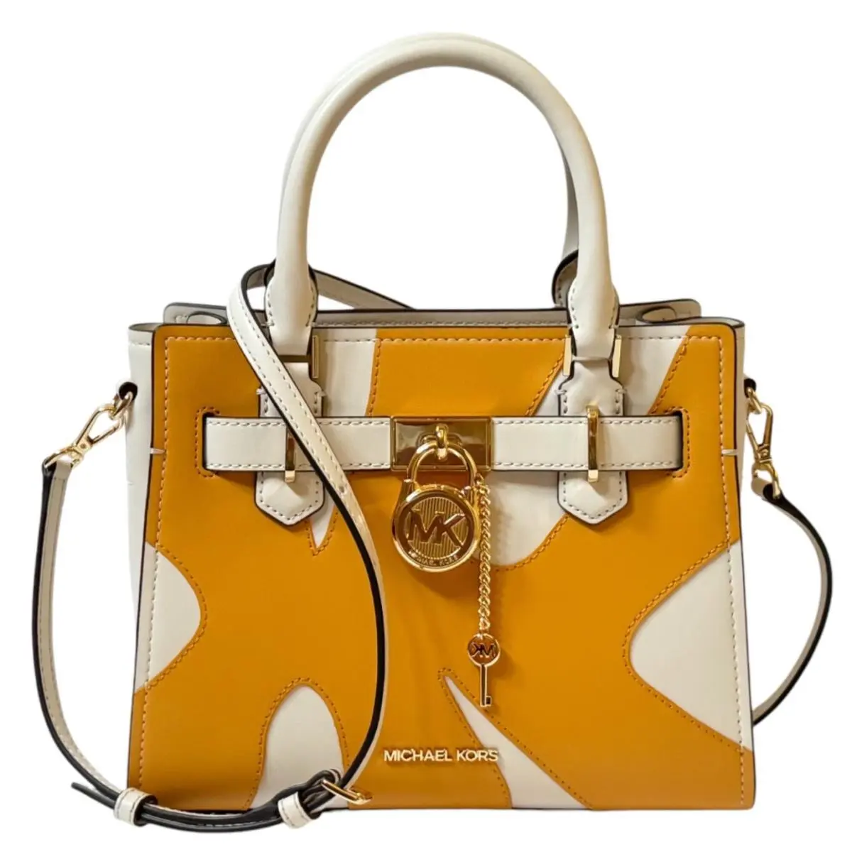 Michael Kors Hamilton SM Satchel Shoulder Bag MK Graphic Logo Light Cream Multi