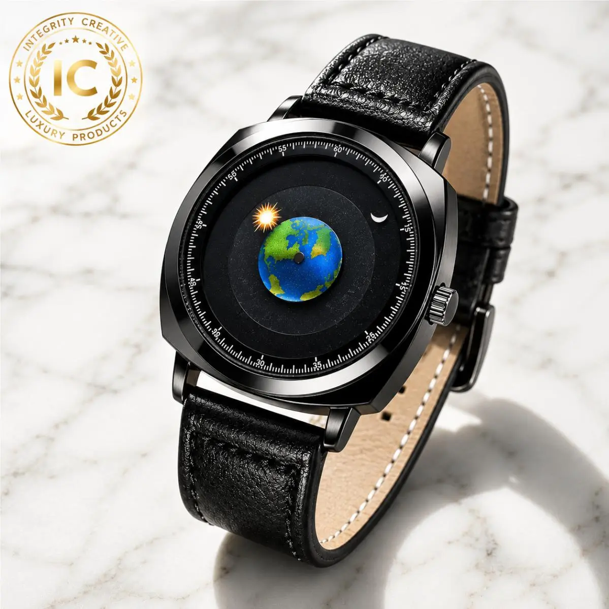 Fanmis Men`s Creative World Map Watch Black Dial Earth Moon Sun Black Leather Strap