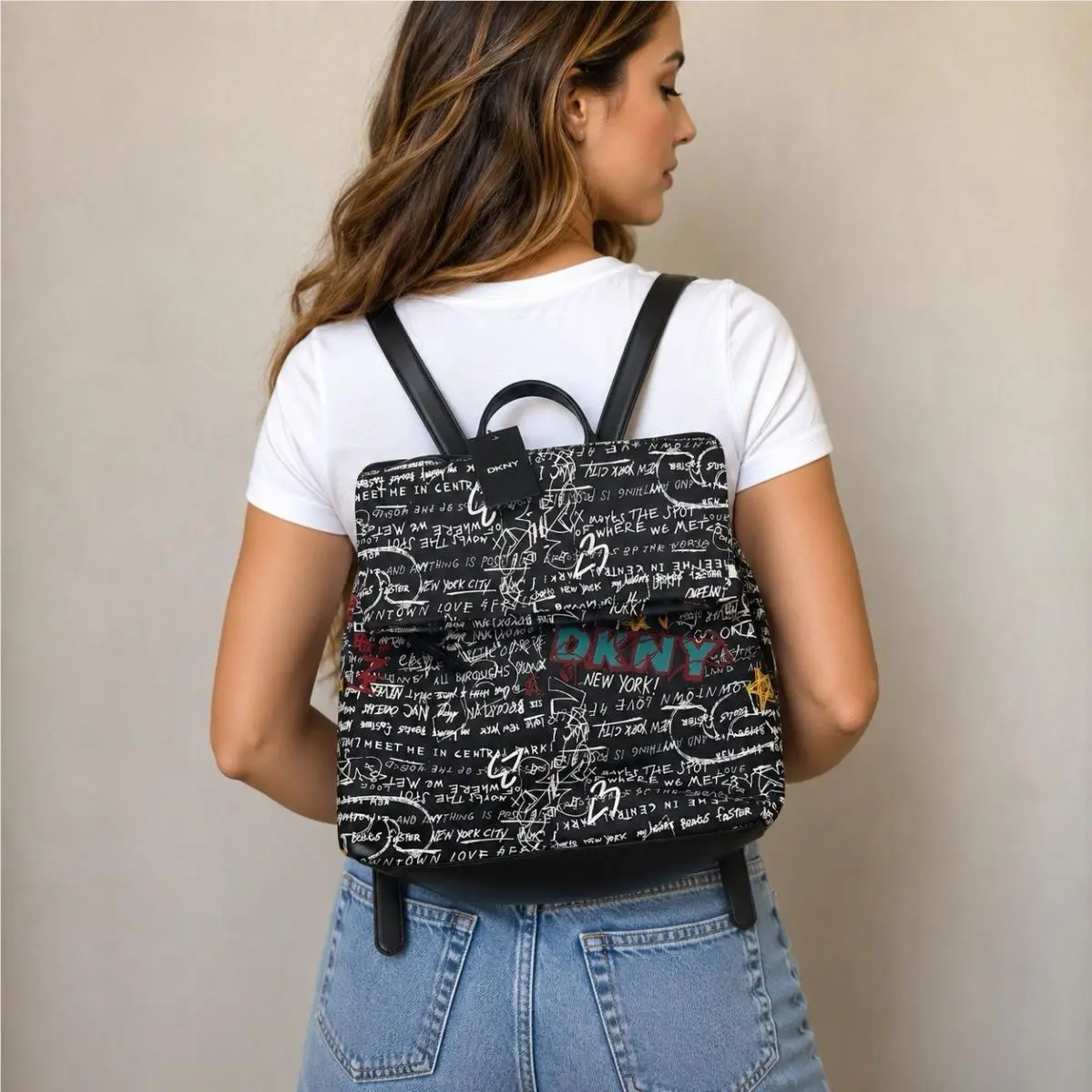 Dkny Tilly Fold Over Backpack Urban Graffiti Style Nyc Print Teal Logo