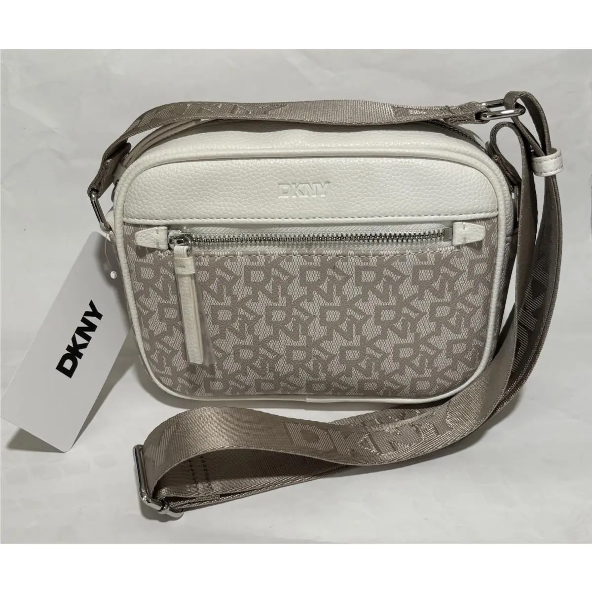 Dkny Logo Pattern Zip Crossbody Bag Beige Ivory Adjustable Detachable Strap by DKNY