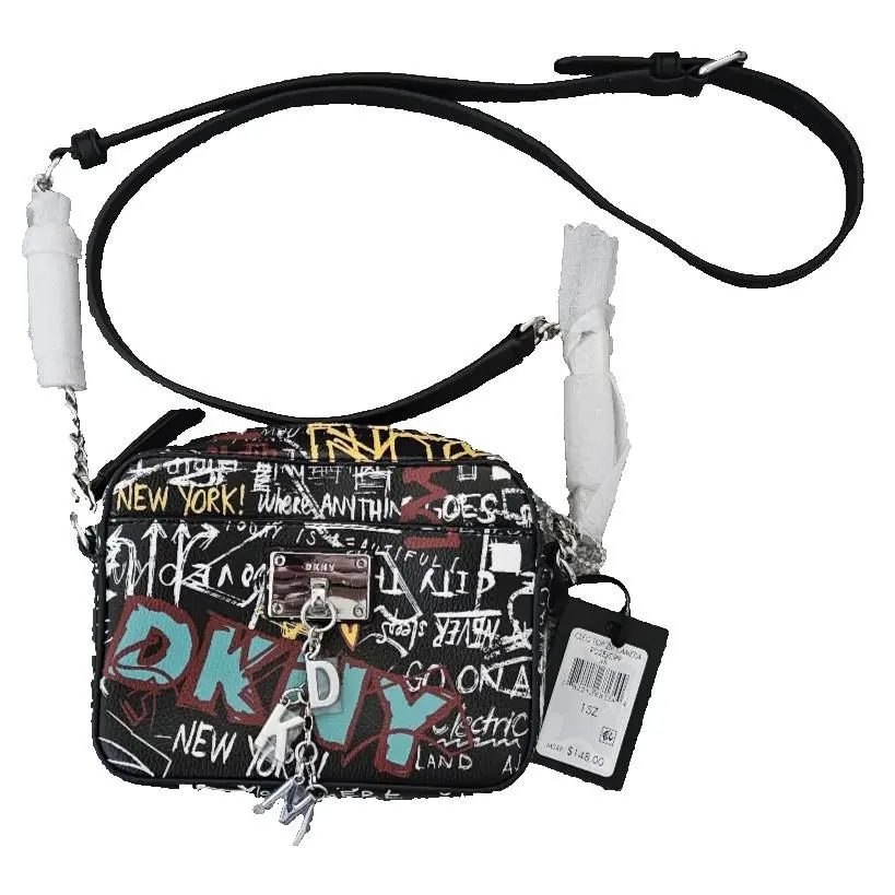 Dkny Cleo Zip Crossbody Blk Bag Graffiti Adjustable Strap Street Art Trendy