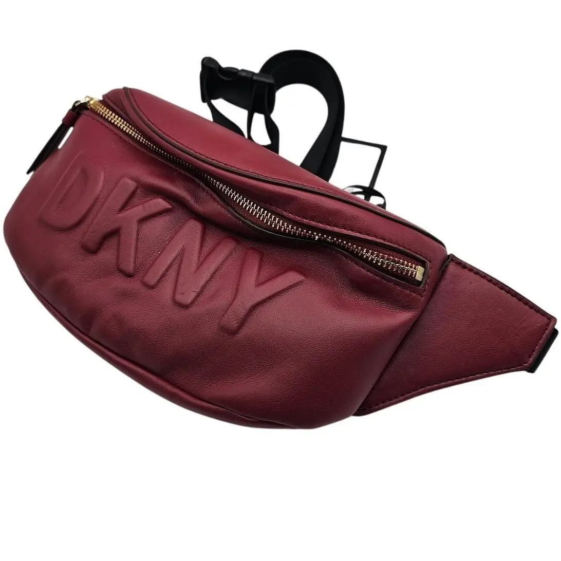 Dkny Tilly Logo Fanny Pack Waist Belt Bag Leather Gold Gunmetal - Exterior: Red