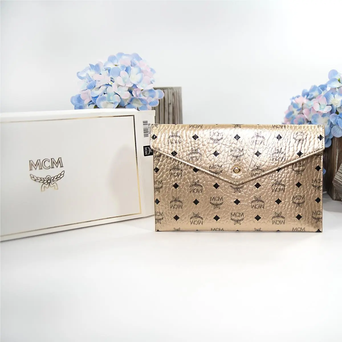 Mcm Gold Visetos Logo Monogram Leather Envelope Pouch