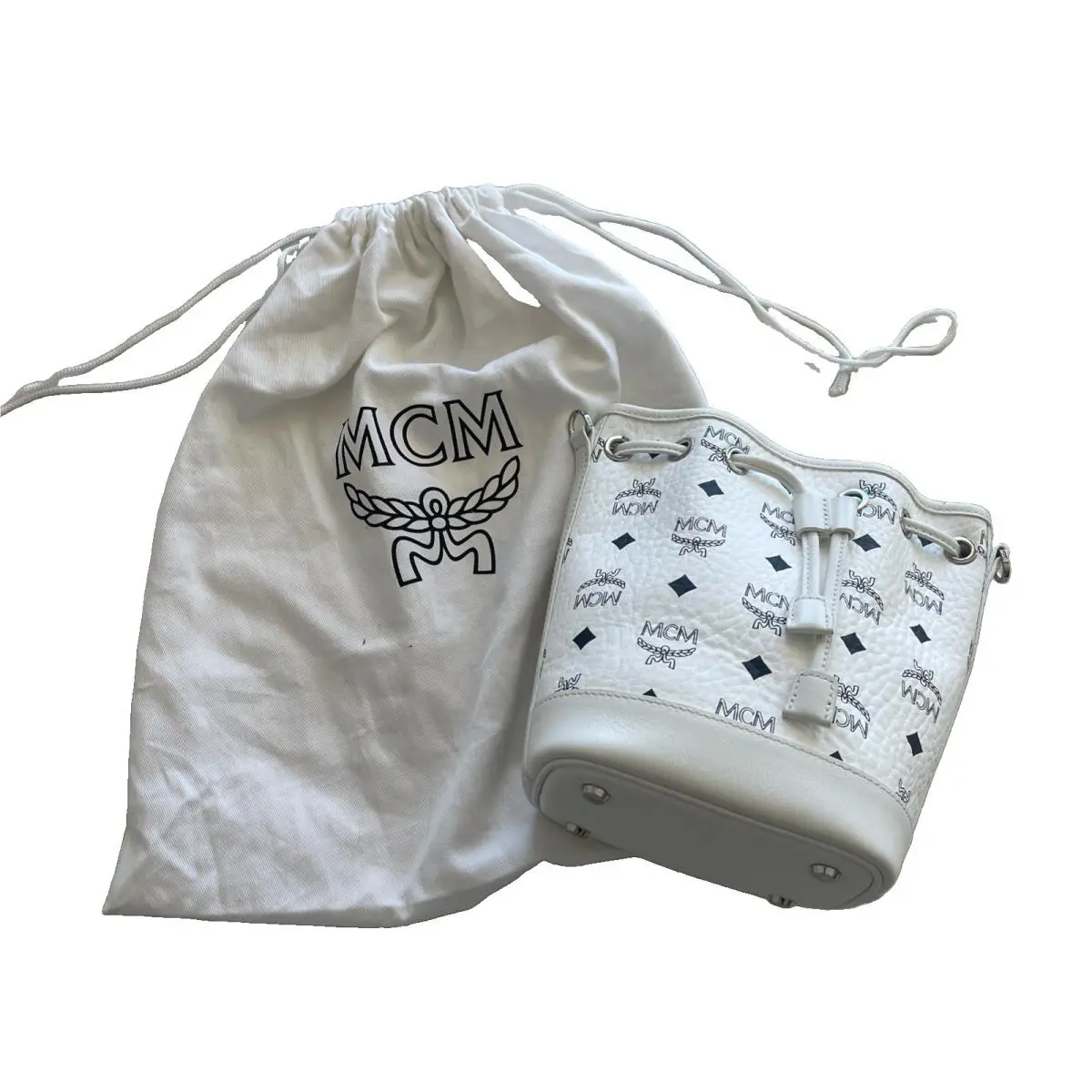 Mcm White Dessau Visetos Mini Drawstring Bucket Bag