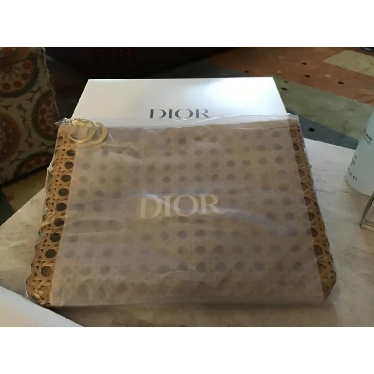 Luxury Parfums Dior Beauty Tan Woven Bag Clutch Zip Pouch Lined Interior