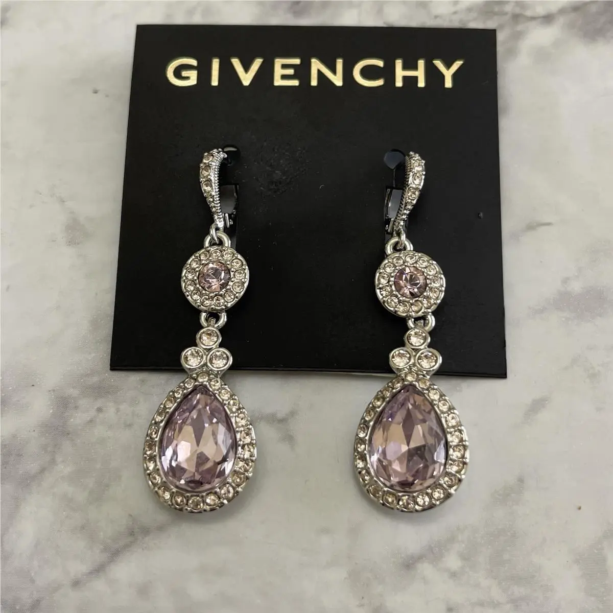 Silk Crystal Drop Earrings – Purple Silver -tone Signed by Givenchy