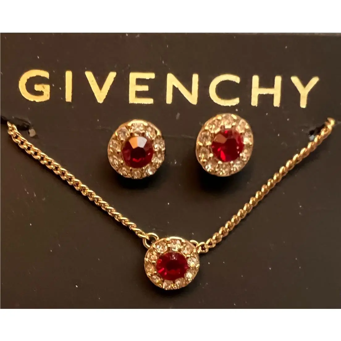 Stone and Crystal Pendant Necklace and Earrings Set Gold Tone by Givenchy