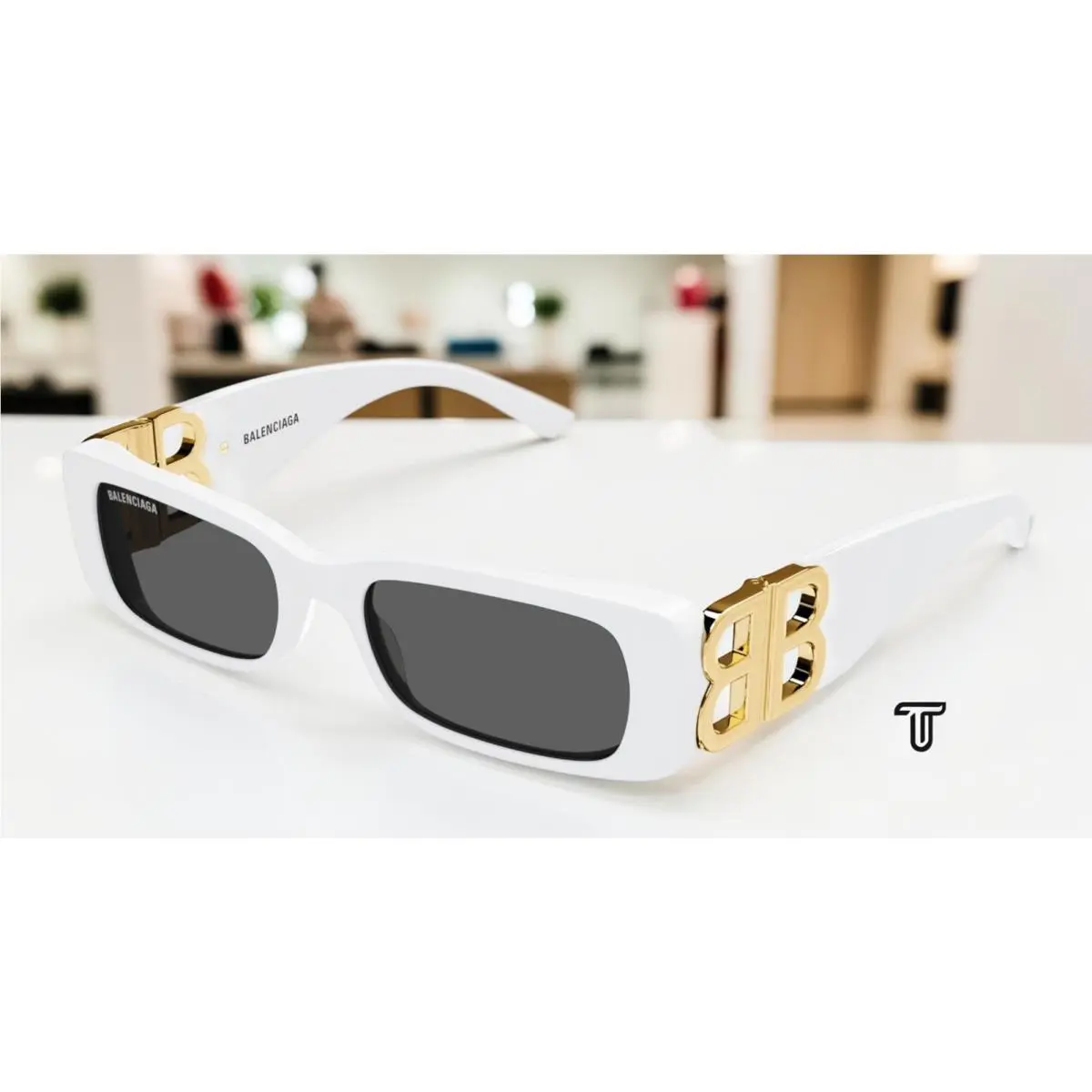 BB0096S 011 Rectangular White Gold Grey 51 mm Women`s Sunglasses by Balenciaga