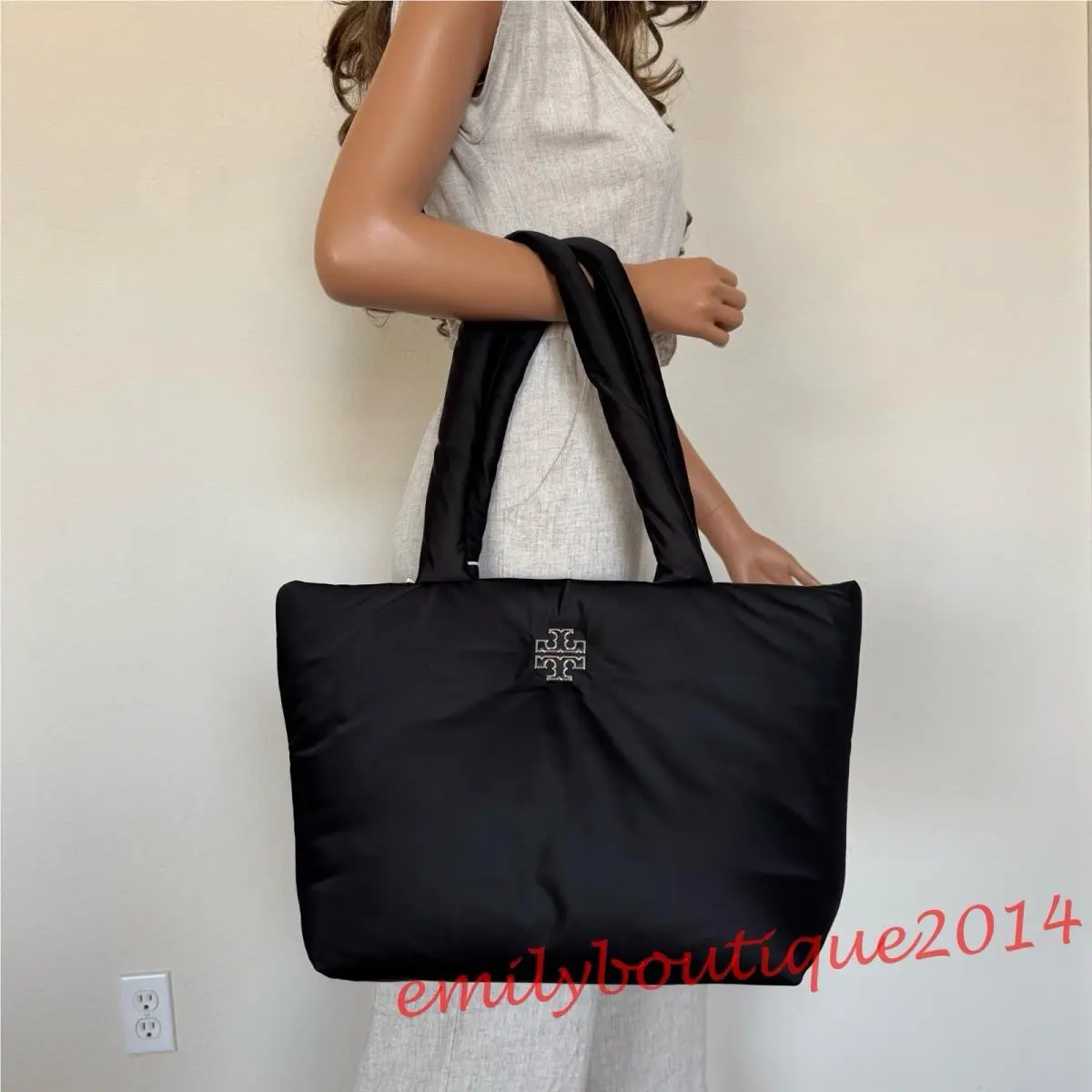 167626 Britten Nylon Puffy Logo Tote Bag Black Silver by Tory Burch