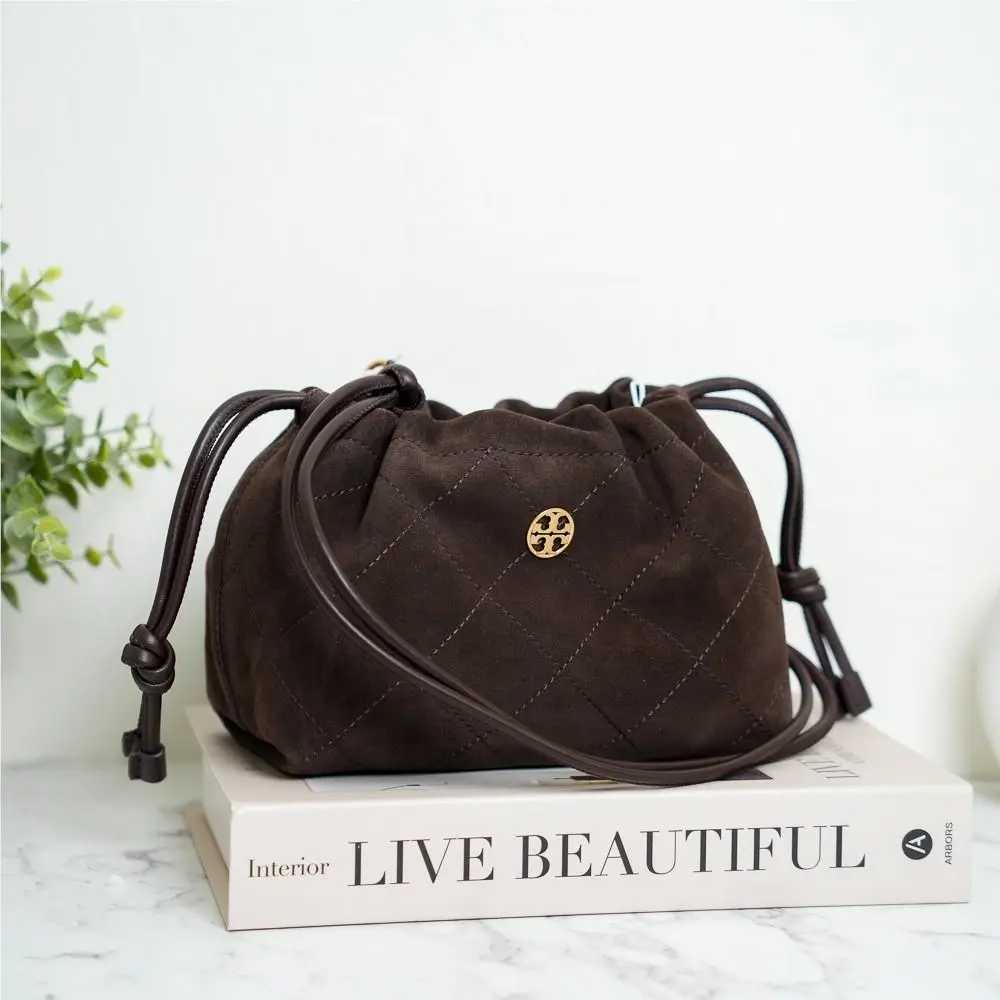 Willa Suede Small Drawstring Shoulder Crossbody Bag In Dark Cocoa by Tory Burch