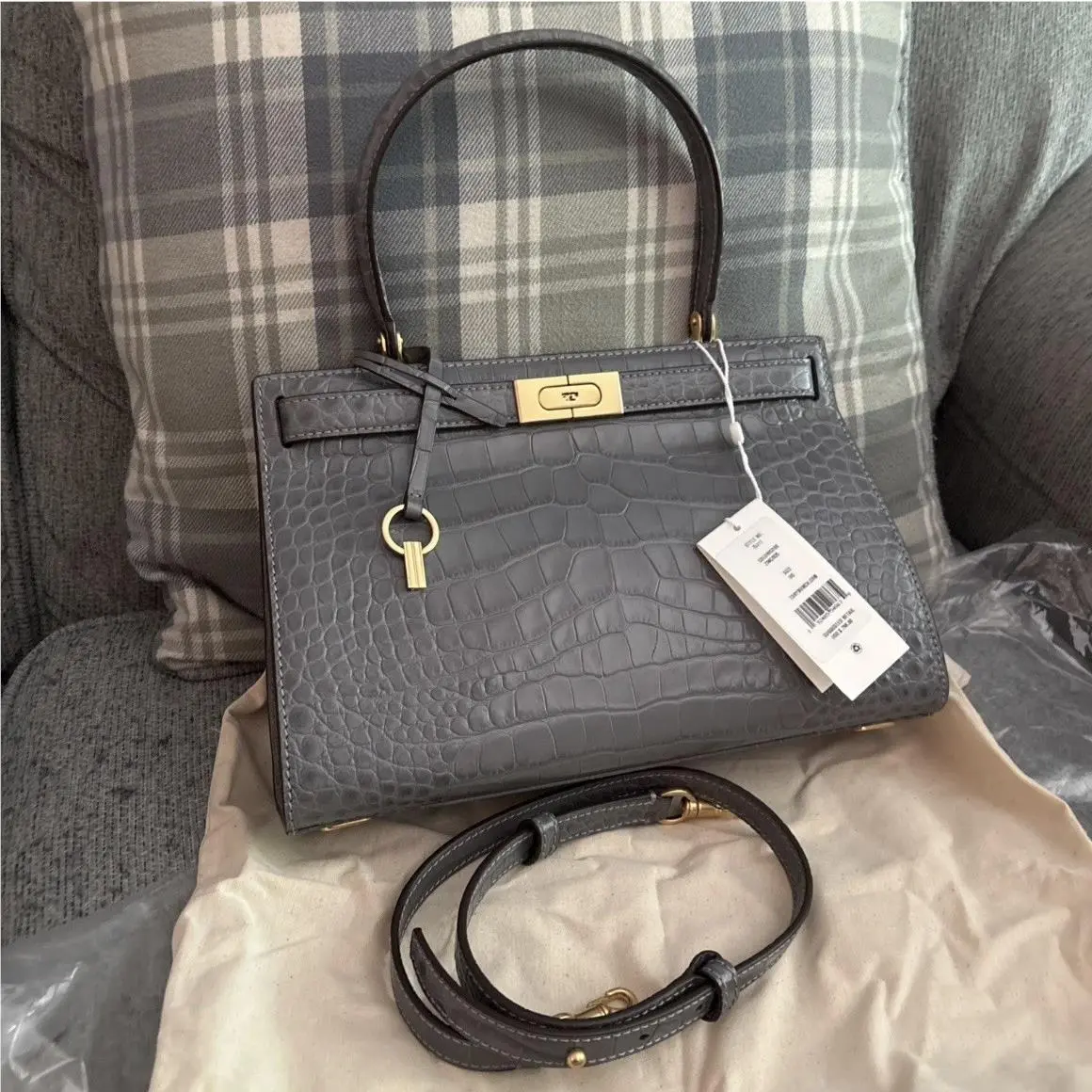 Lee Radziwill Embossed Crocodile Gray Top Handle Bag by Tory Burch
