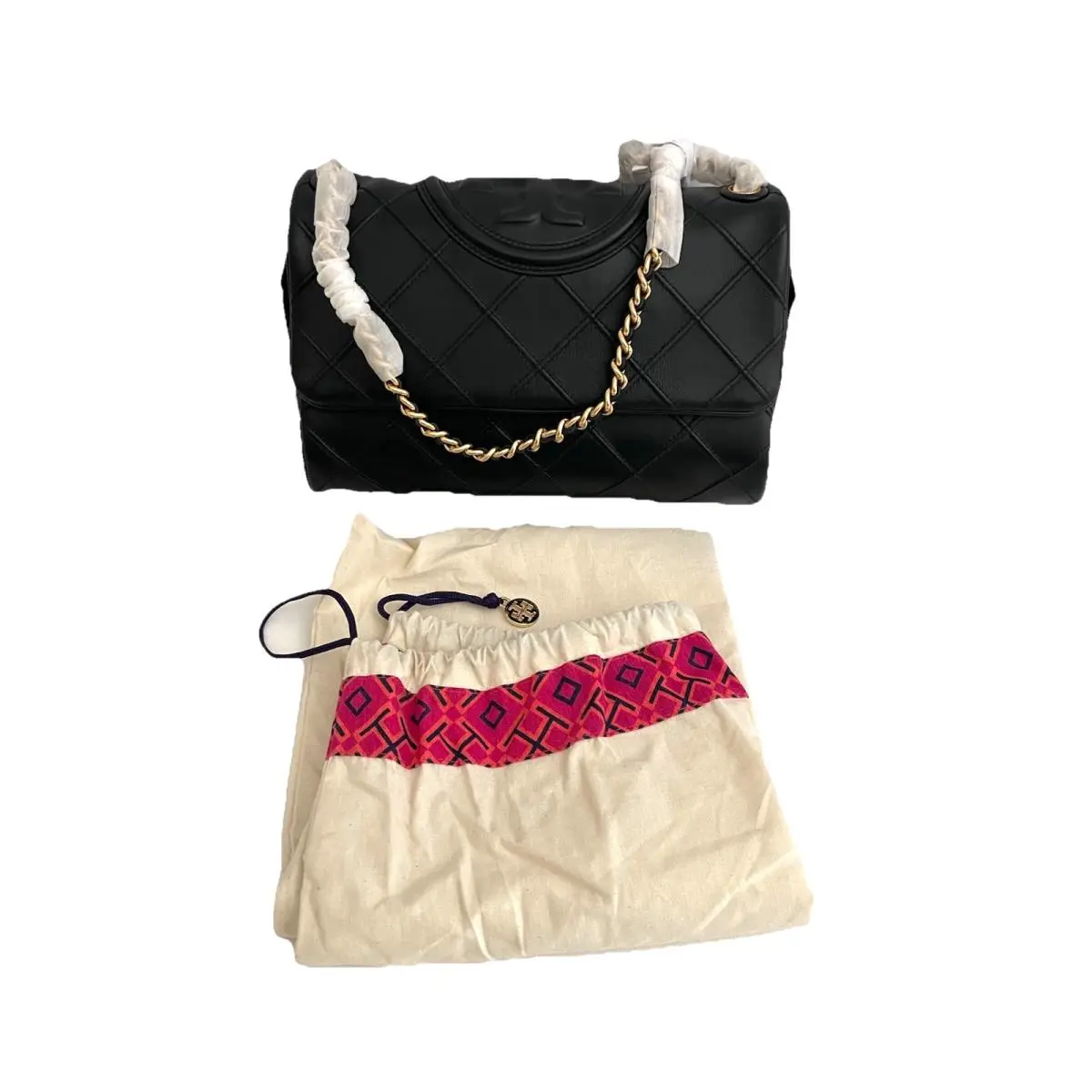 Soft Fleming Quilted Convertible Shoulder Bag Black Gold Cha by Tory Burch