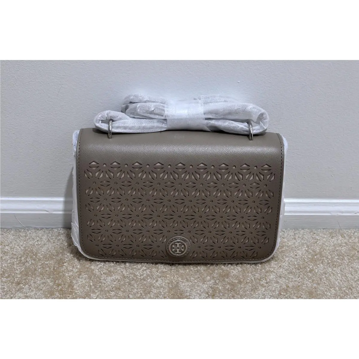 Robinson Floral Perforated Adjustable Shoulder Bag Gray 22159798 by Tory Burch