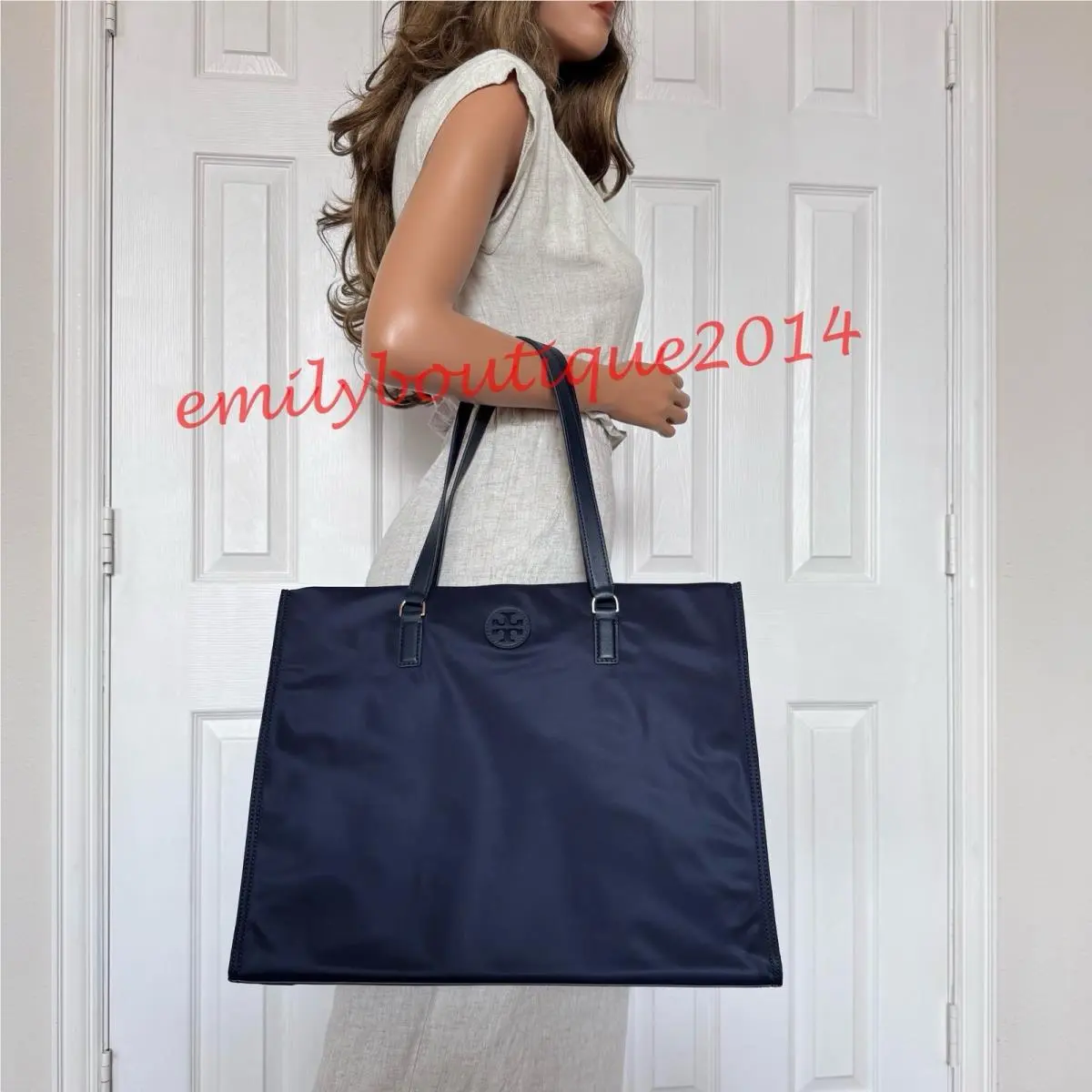 136144 Nylon Ella Tote Tory Navy Blue Large Bag by Tory Burch