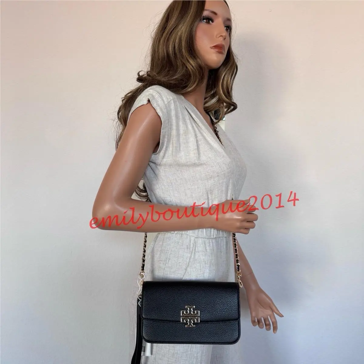141012 Britten Chain Wallet Wristlet Leather Crossbody Black by Tory Burch