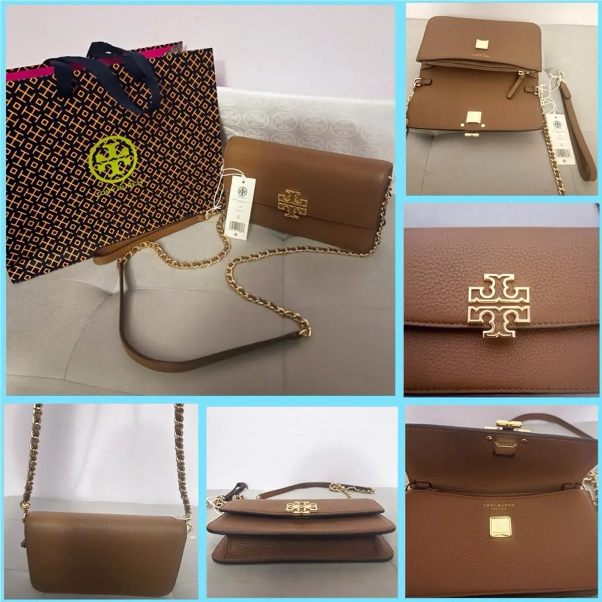 Britten Crossbody Chain Wallet Bag Leather Brown Gold Purse by Tory Burch