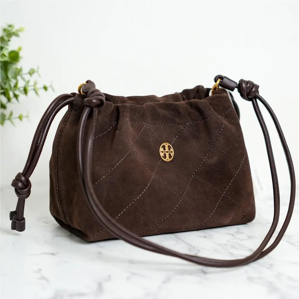 Willa Suede Small Drawstring Shoulder Crossbody Bag In Dark Cocoa by Tory Burch