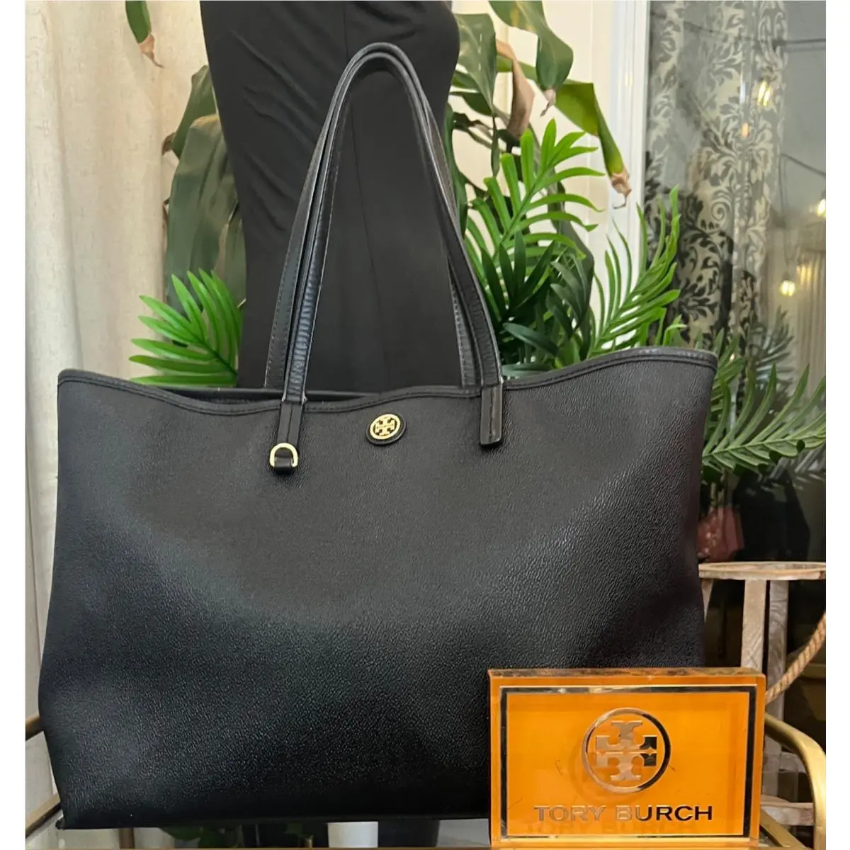 Black Stefano Leahter Robinson Large Tote by Tory Burch
