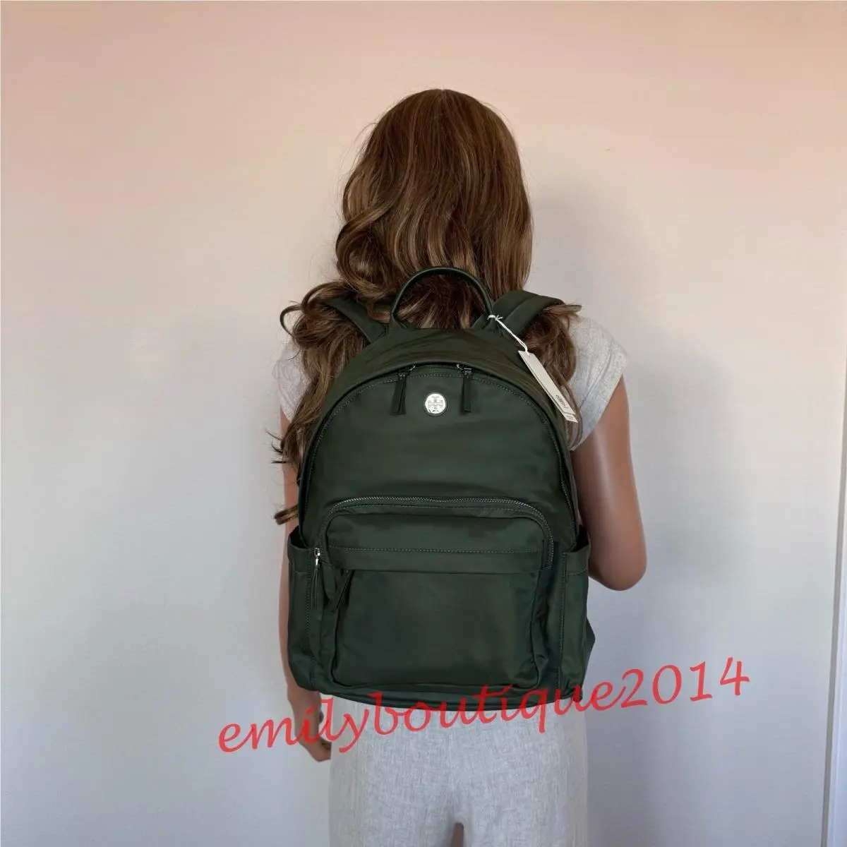 173559 Ella Nylon Backpack Medium Bag Lightweight Basil by Tory Burch