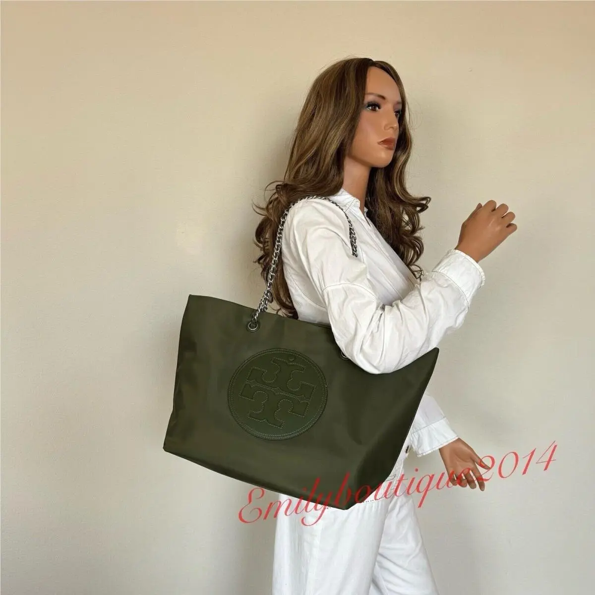 152313 Ella Chain Nylon Tote Large Shoulder Bag Olive Green by Tory Burch