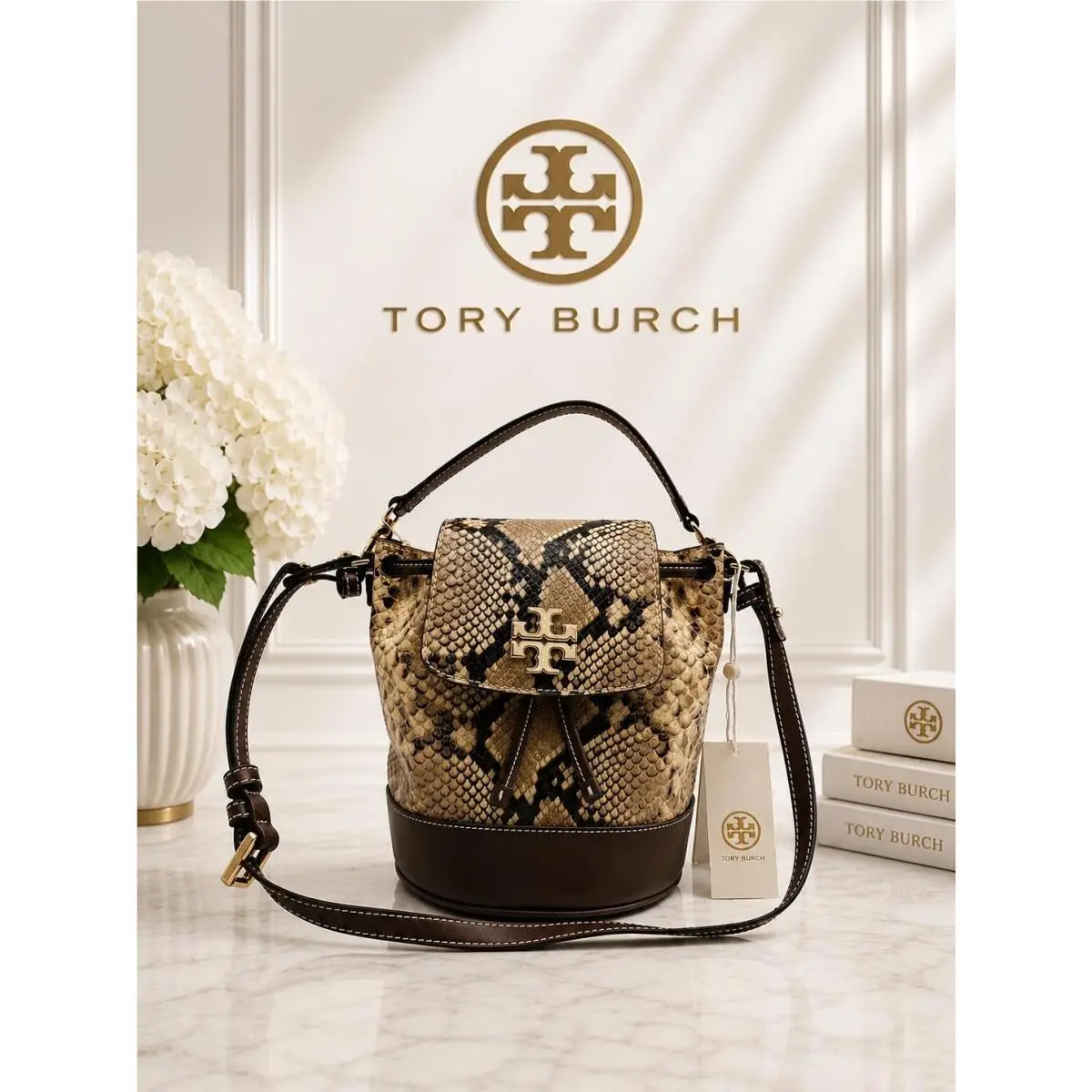 Python Embossed Leather Bucket Bag W/tassel by Tory Burch