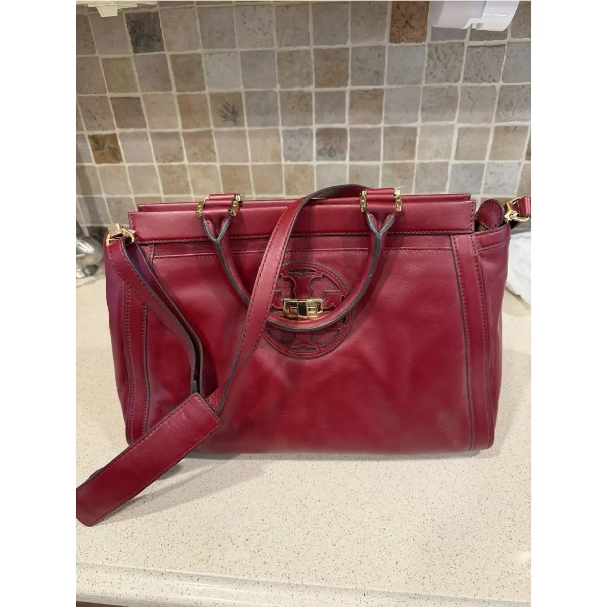 Gloria Satchel in Dark Cherry by Tory Burch