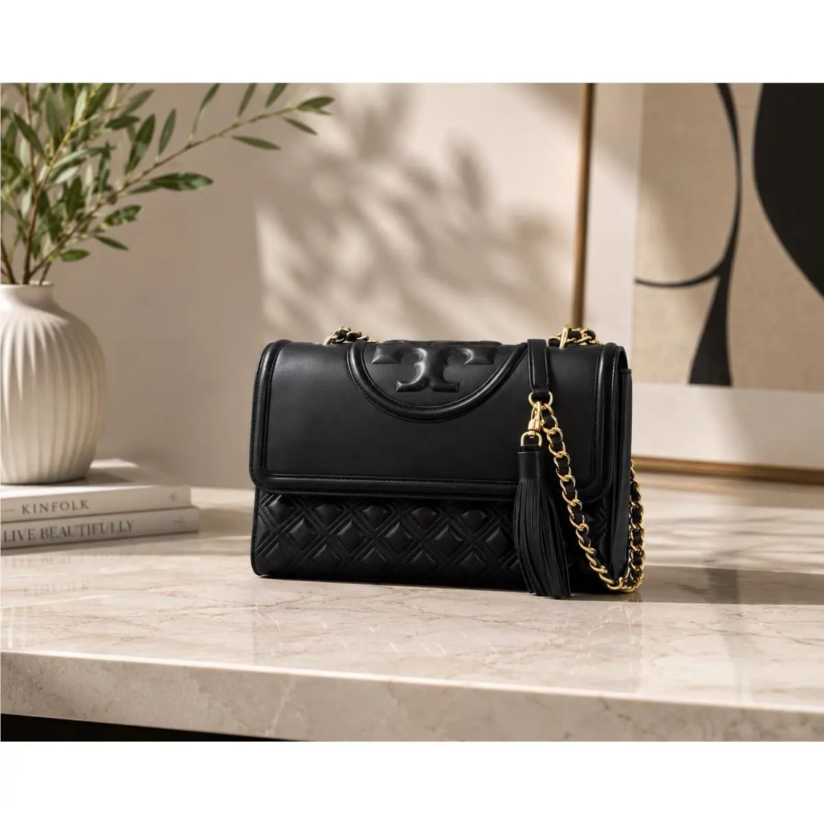 Fleming Small Convertible Shoulder Bag Black Leather Gold Cha by Tory Burch