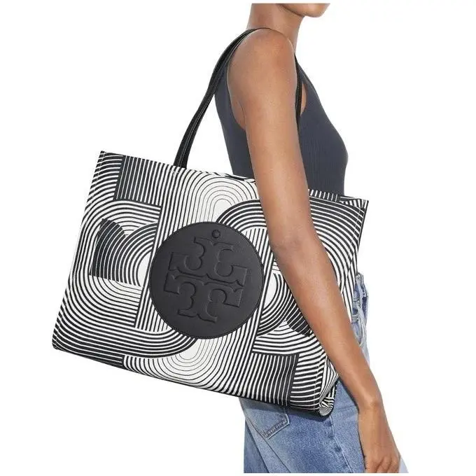 Tory Burch 176596 Ella Nylon Printed Tote Infinity Large Bag Black White