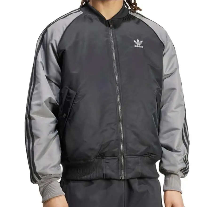 Men Premium Collegiate Jacket Athletic Outwear Casual Black Gray Large by Adidas