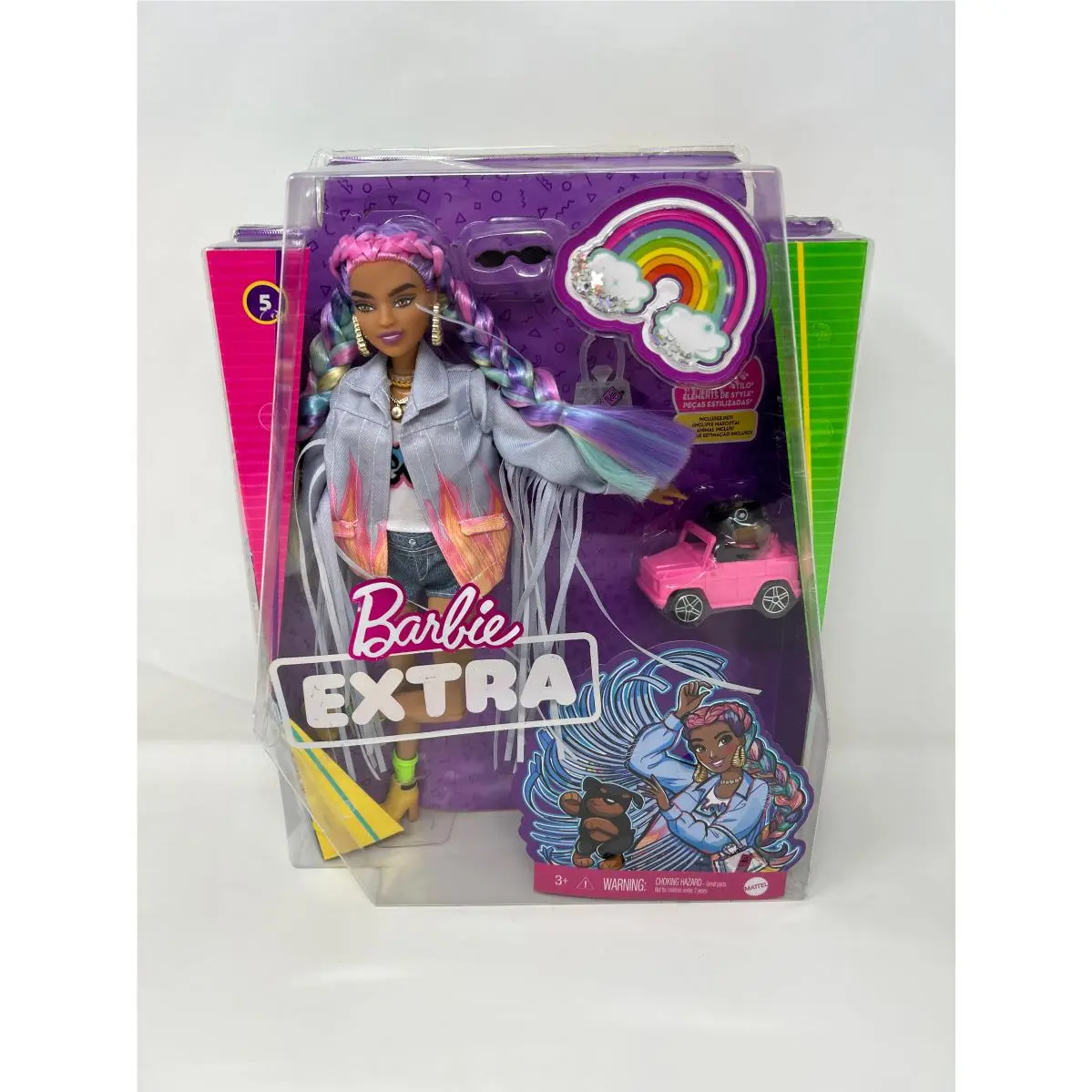 Barbie Extra Doll 5 in Long-fringe Denim Jacket with Pet Puppy Rainbow Braids