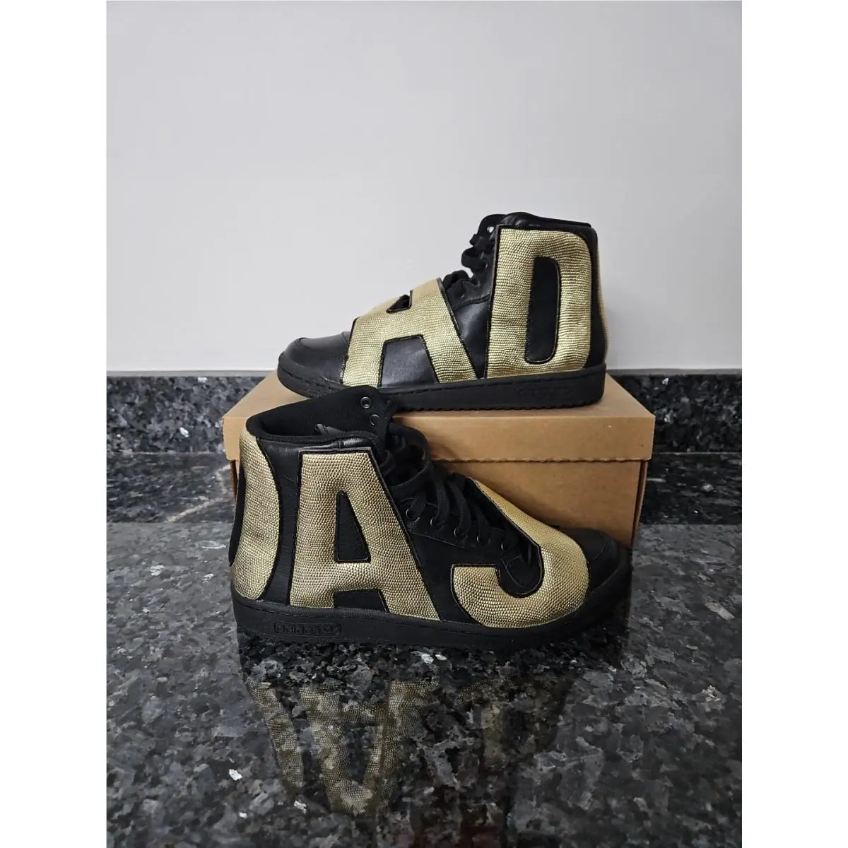 Designer Jeremy Scott  Black Gold Letters Size 9.5M Rare by Adidas