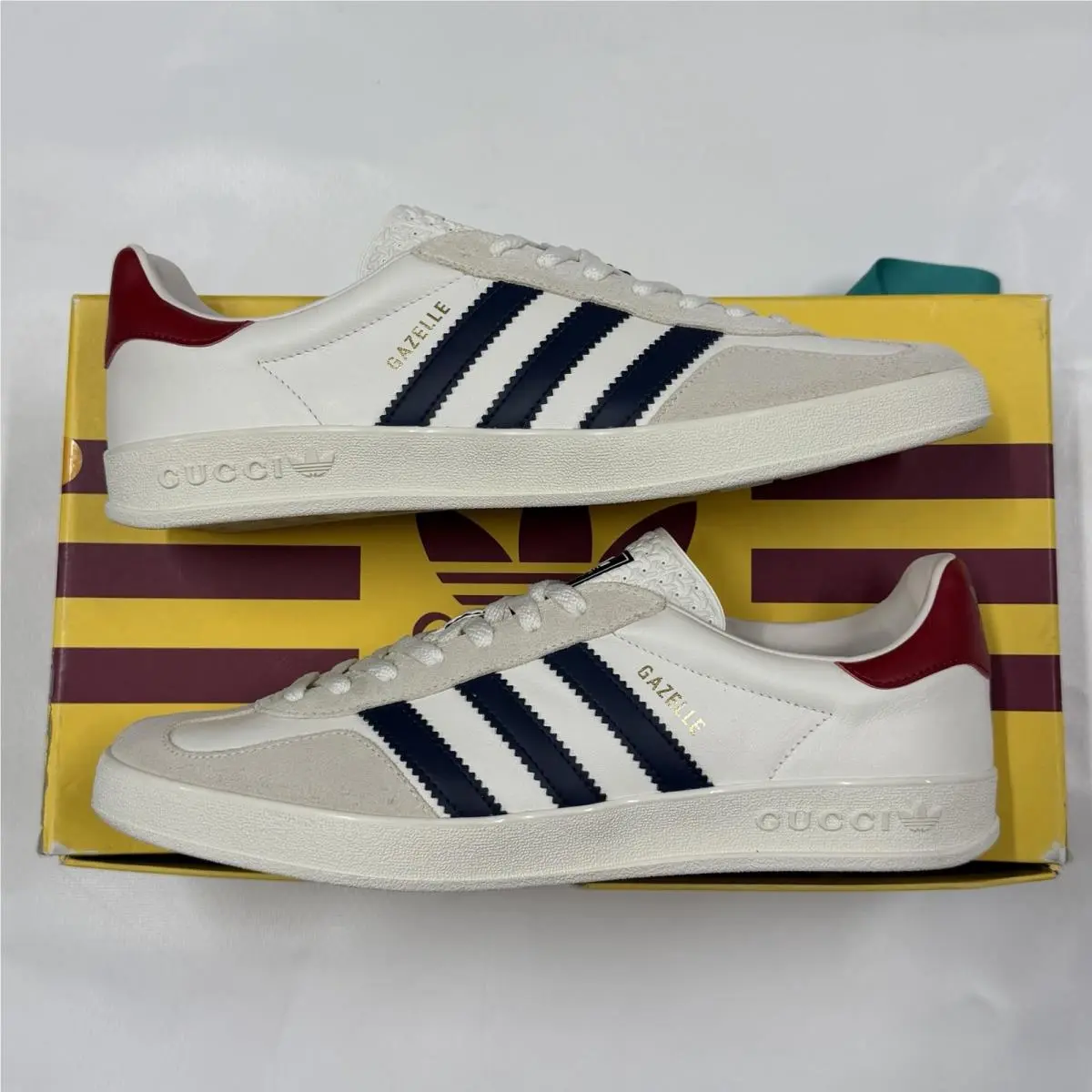 Gucci x  Gazelle Mens 10.5 White Leather Suede Navy Red Sneakers by Adidas