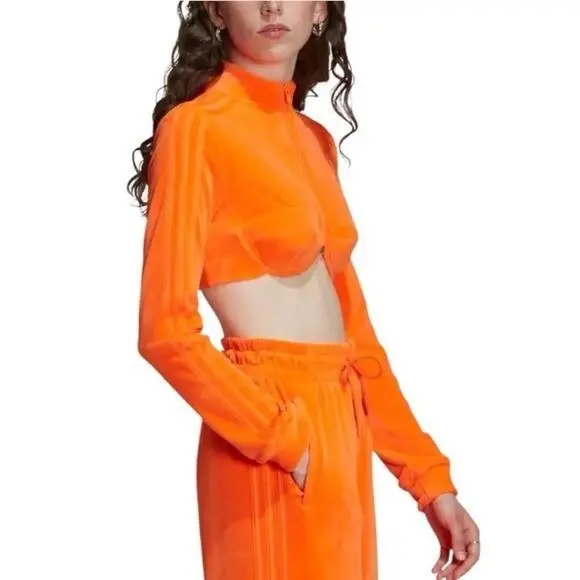 x Jeremy Scott Women`s Track Top Velour Cropped Long Sleeve Orange Sz L by Adidas