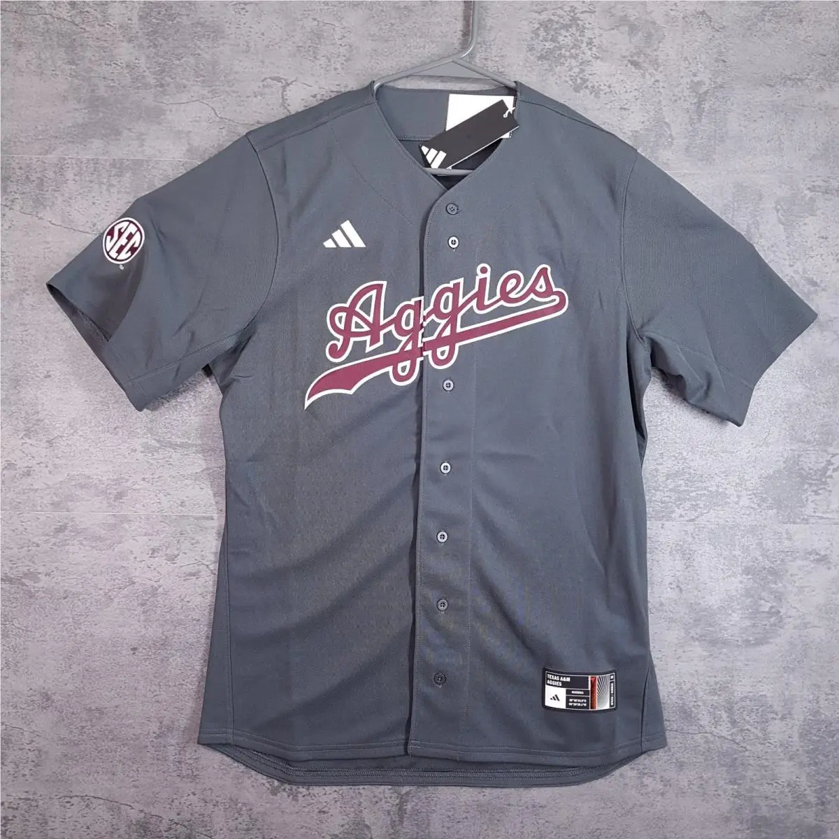 Texas A M Aggies Script Baseball Jersey Mens Medium Grey Sec KE2095 by Adidas