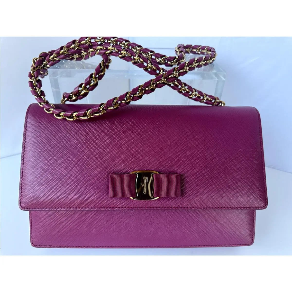 Women`s Ginny Bag Crossbody Saffiano Clutch Sangria by Salvatore Ferragamo