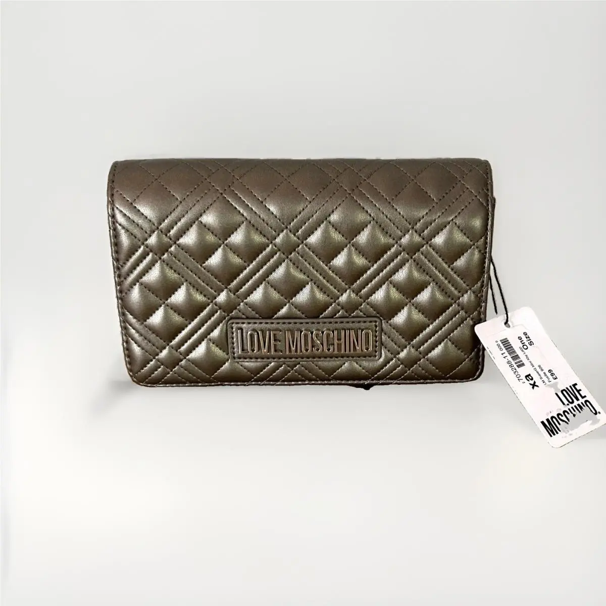 Love  Super Quilted Mini Clutch Crossbody Bag Gunmetal Euro Chic by Moschino